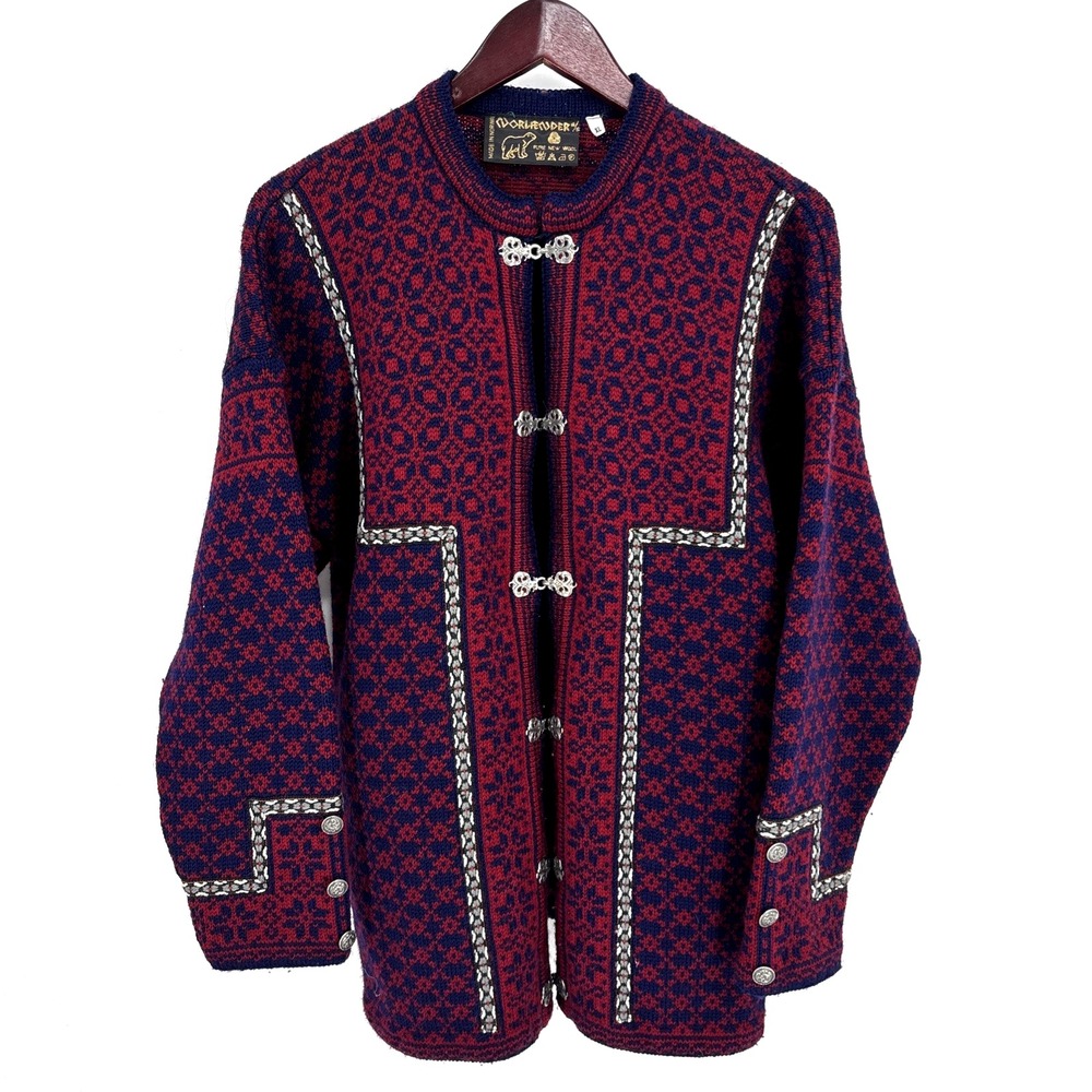 Vtg Norlander Norwegian Wool Cardigan Sweater Red Blue Clasp Womens 44 XL Scandi